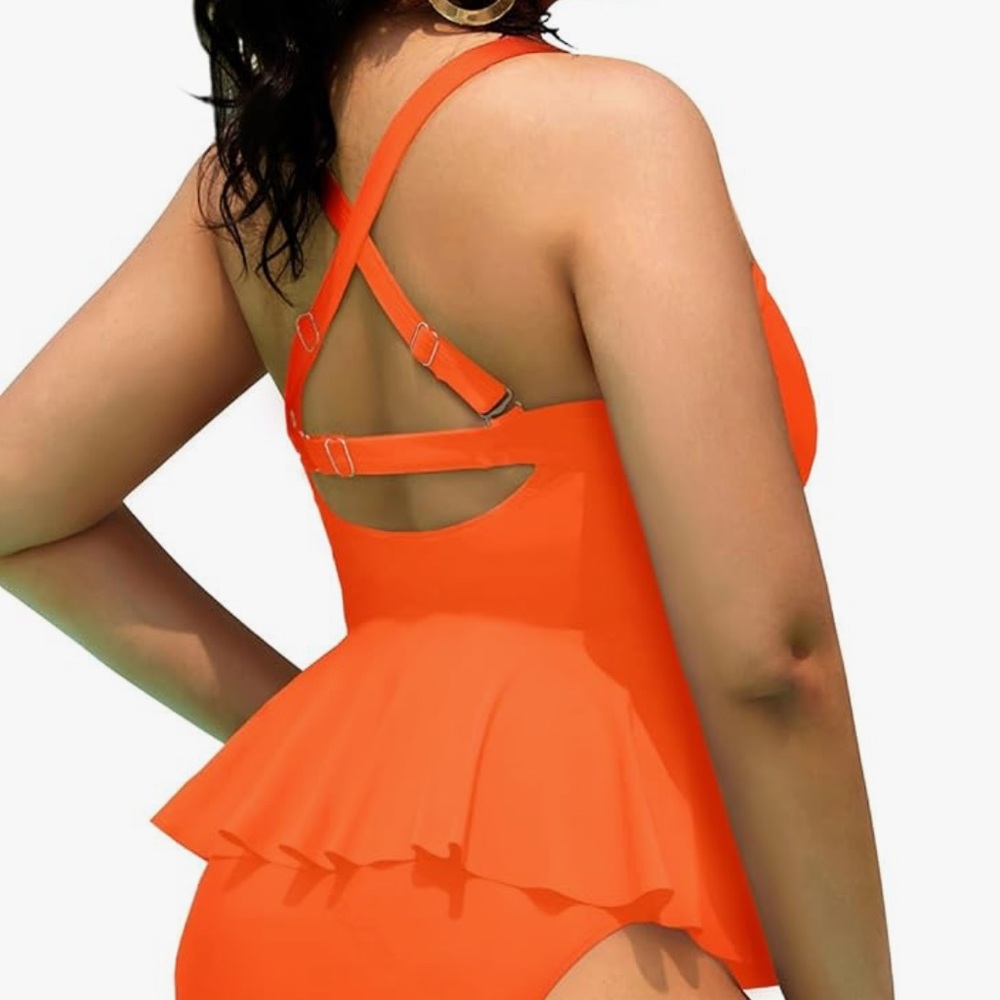 Yonique Women Plus Scalloped Swim Top 18W Orange